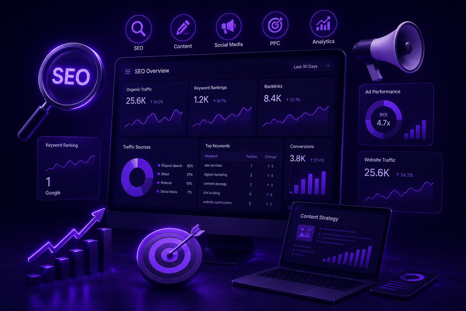 UI and UX screens across desktop, tablet, and mobile with a shared design system
